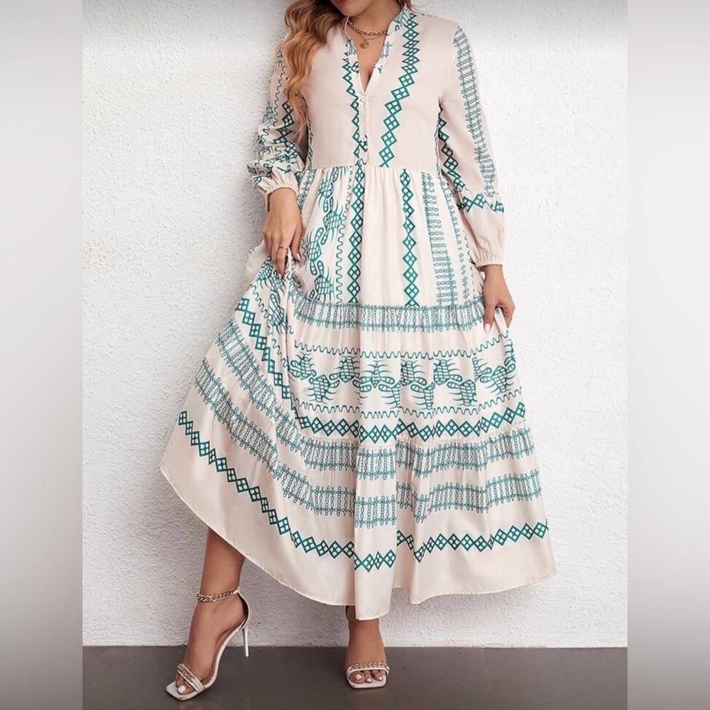 SHEIN White and Blue Geometric Long Sleeve Dress